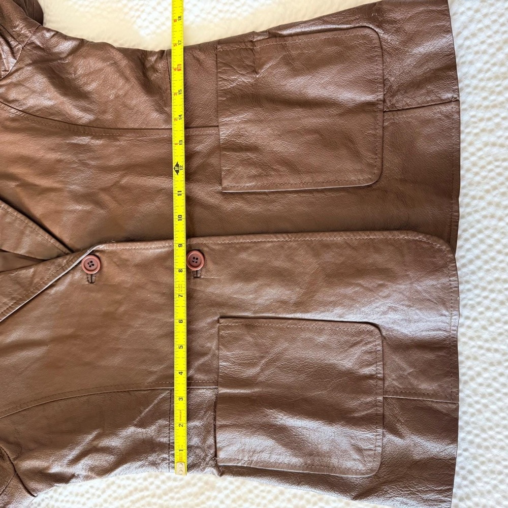 Vtg Y2K Womens 6 Chocolate Brown Genuine Leather Blazer Two Button Chic Timeless - Picture 6 of 7